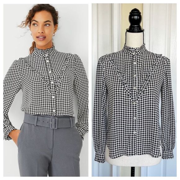 Ann Taylor XXSP Petite Gingham Black and White Gingham Blouse Patterned Blouse - Picture 1 of 14